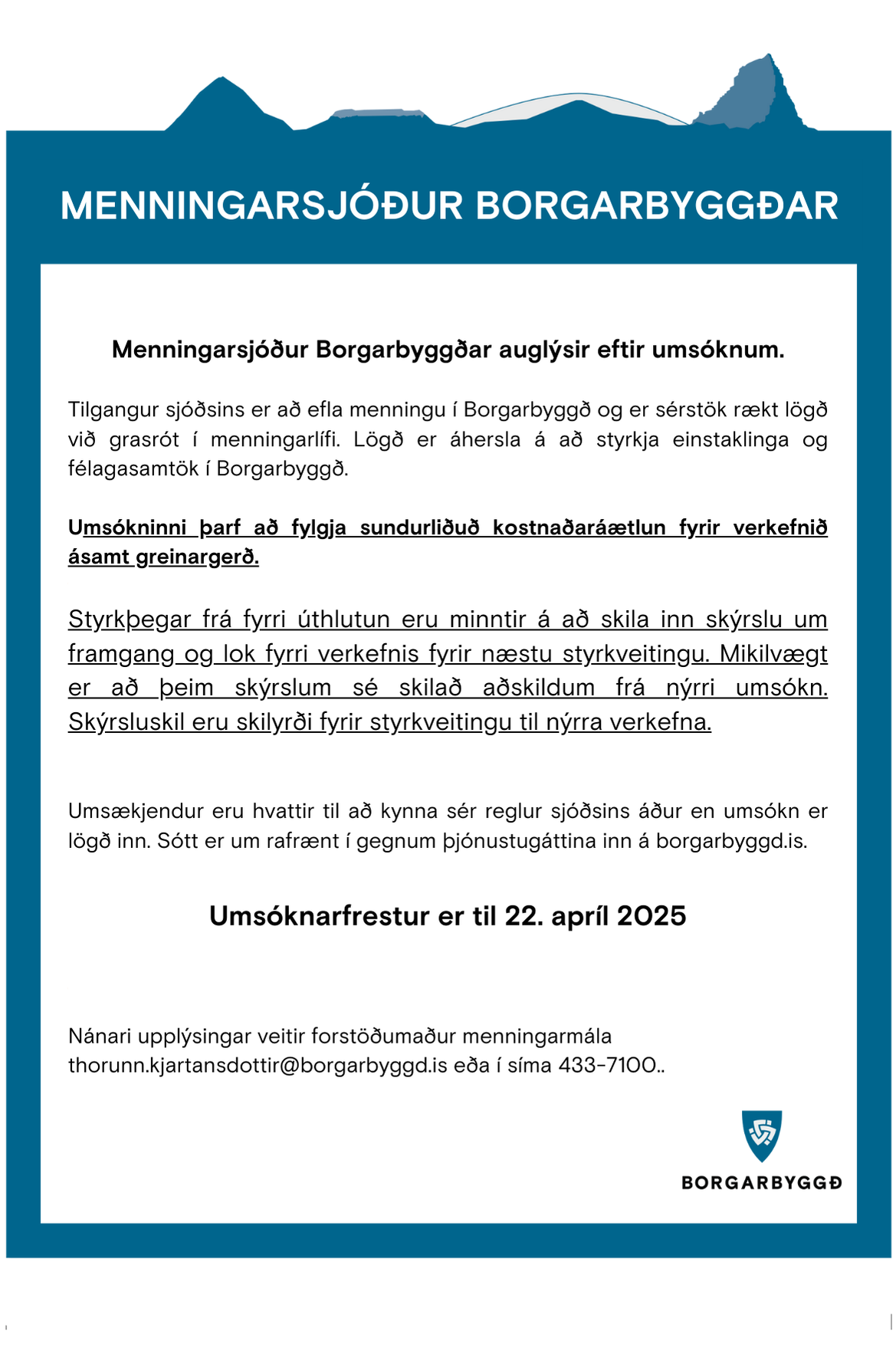 Featured image for “Menningarsjóður Borgarbyggðar auglýsir eftir umsóknum”