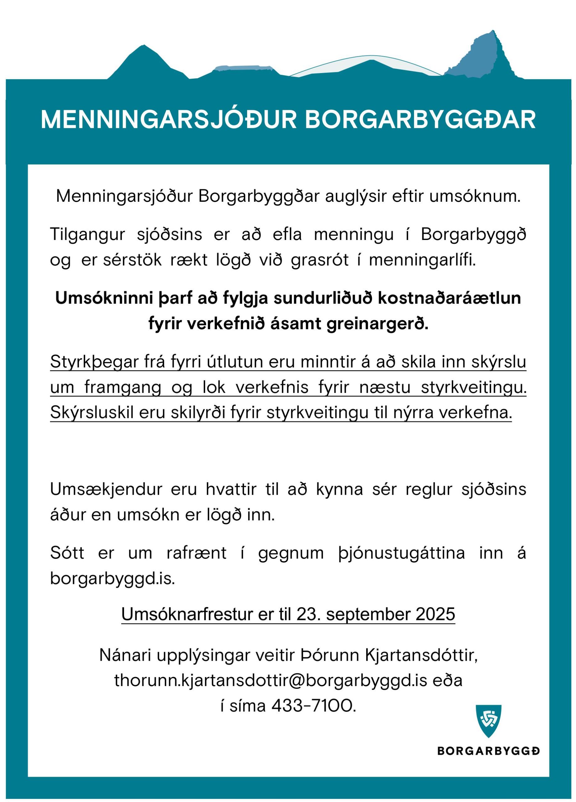 Featured image for “Menningarsjóður Borgarbyggðar auglýsir eftir umsóknum”